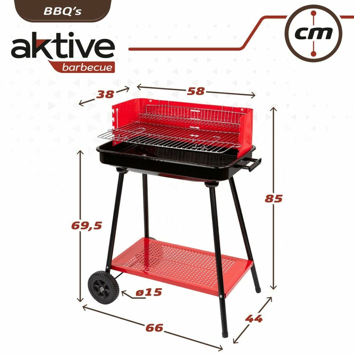 Kolgrill med hjul Aktive Stål Plast 66 x 44 x 85 cm Rektangulär Röd — thumbnail 3